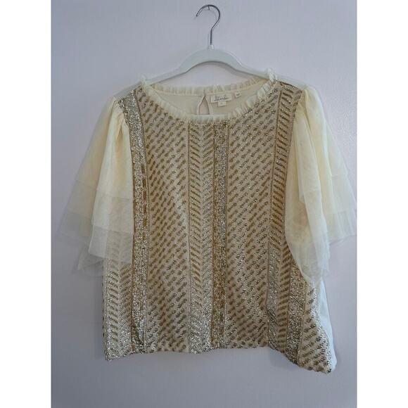 Anthopologie Let Me Be Gold/Cream Sequin Embroidered Flutter Short Sleeve Large - Picture 3 of 9